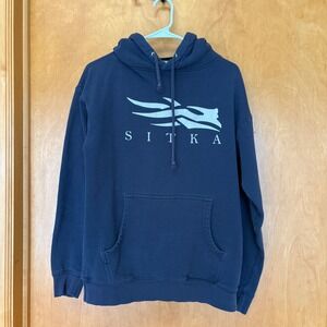 Sitka Gear Logo Hoodie Mens Small Petite Navy Blue Pullover Graphic Sweatshirt